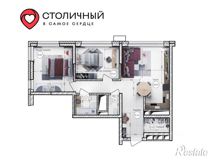 2-комн квартира в новом доме Притомский пр-кт, 23,  д. 23